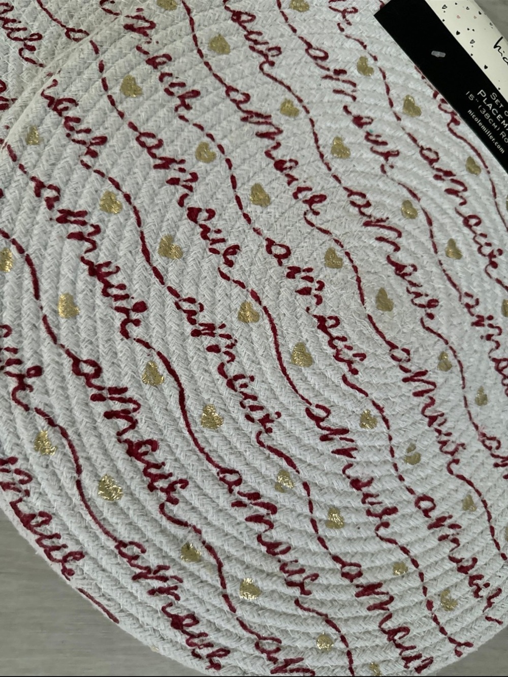 Nicole Miller White Braided Placemat with Red Script and Gold Hearts set of 4